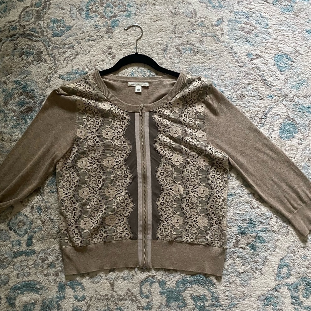 Banana Republic Lace Front Zip Cardigan in Taupe